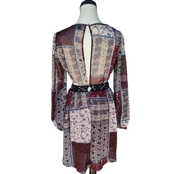 Patchwork Bohemian Dress Burgundy Long Sleeve Boho Style - Picture 5 of 5